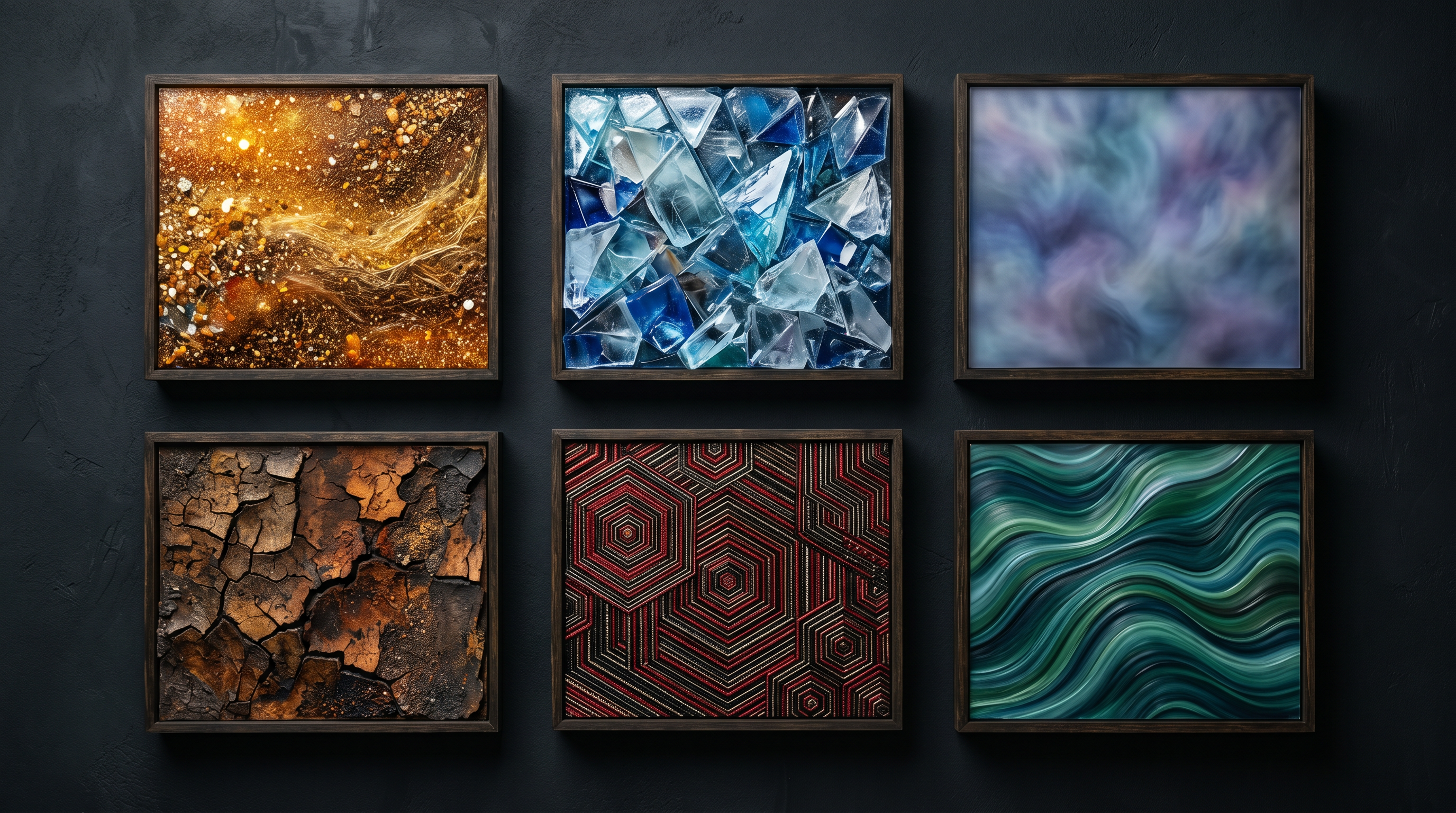 Six abstract panels visualizing different sound textures — warm grain, crystalline edges, soft fog, crackled vinyl, tight geometry, flowing curves